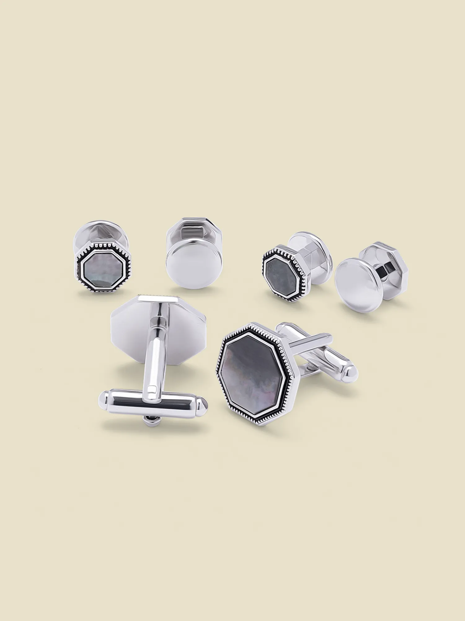 The Black Tux Accessories | Cufflinks & Studs*Octagon Milgrain Mother of Pearl Cufflinks & Studs Set