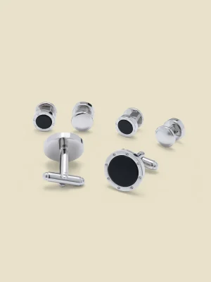 The Black Tux Accessories | Cufflinks & Studs*Round Riveted Obsidian Cufflinks & Studs Set